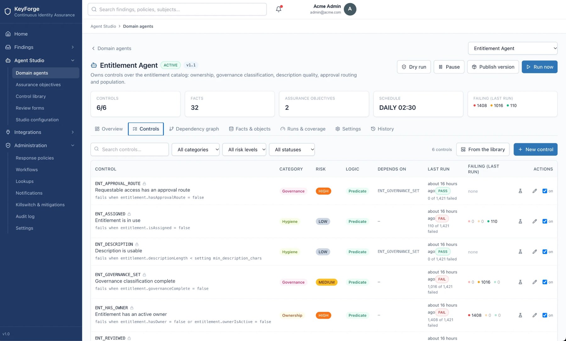 Controls for a domain agent, each showing its failure predicate, category, risk level, dependencies and last-run pass or fail counts