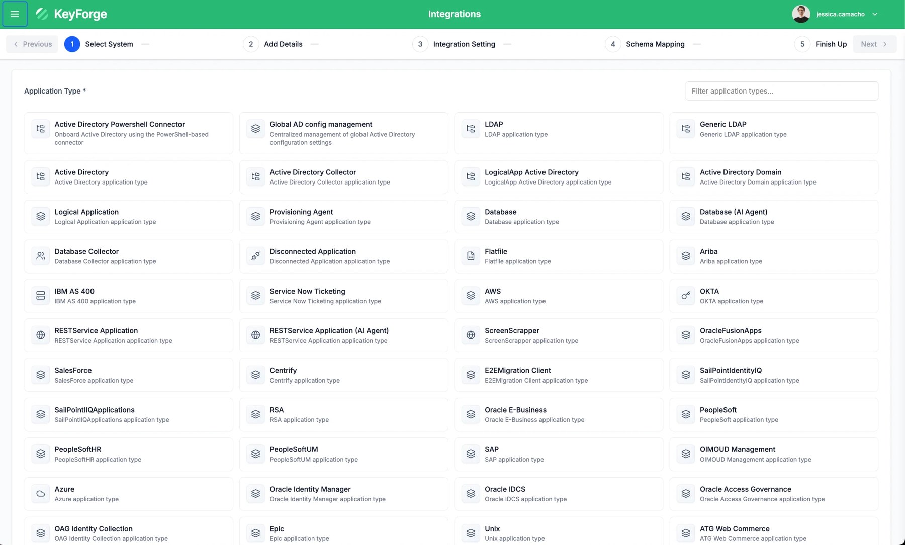 Integration wizard showing the catalog of supported application types across ERP, directory, cloud and identity platforms
