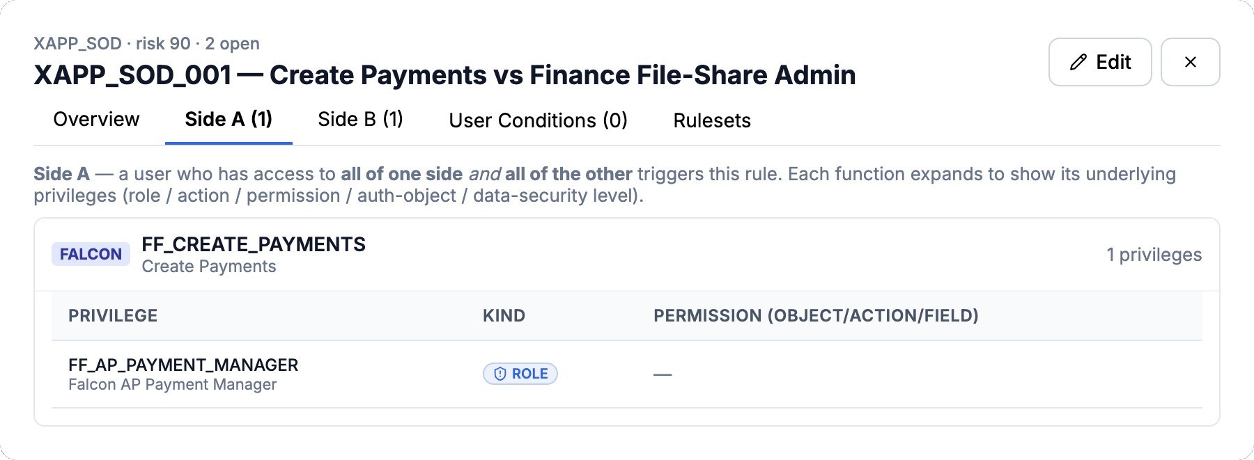 Side A of the rule: the ERP function Create Payments and its underlying payment manager role